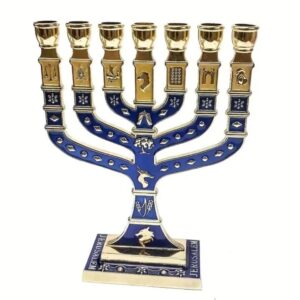 Gold and Blue Menorah Aluminium with 12 tribes of Israel (17x13cm)